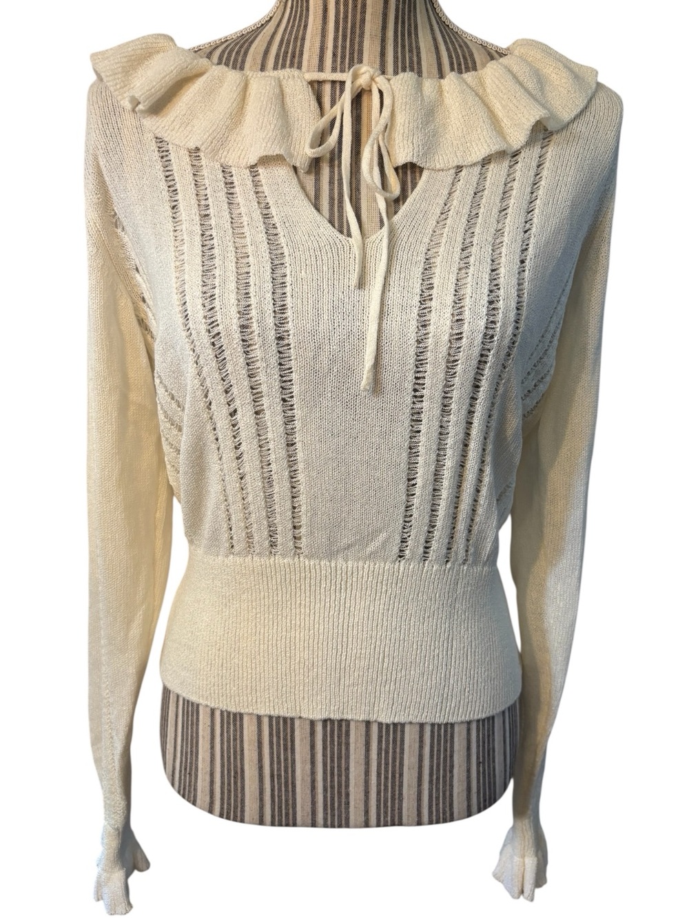 NWT H&M Divided Sweater Medium Cream Burnout Knit Ruffled Tie-Front Openwork